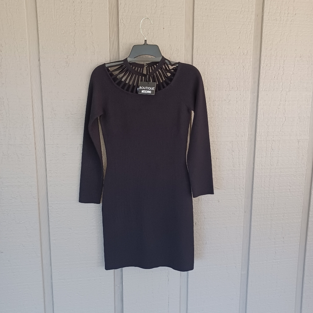 Boutique Moschino Cage Collar Knit Dress Size 6 Women Long Sleeve Stretch Black